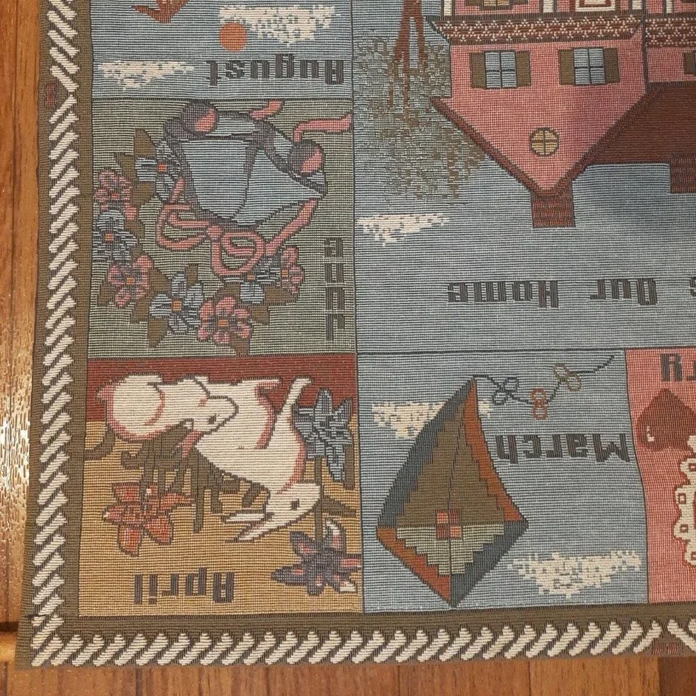 Vintage 19 X 21 Tapestry Holiday Months of the Year Banner Wall Hanging AS IS
